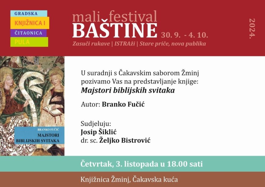 Danas predstavljanje knjige "Pula – izgubljeni zavičaj te reizdanja "Majstori biblijski svitaka"